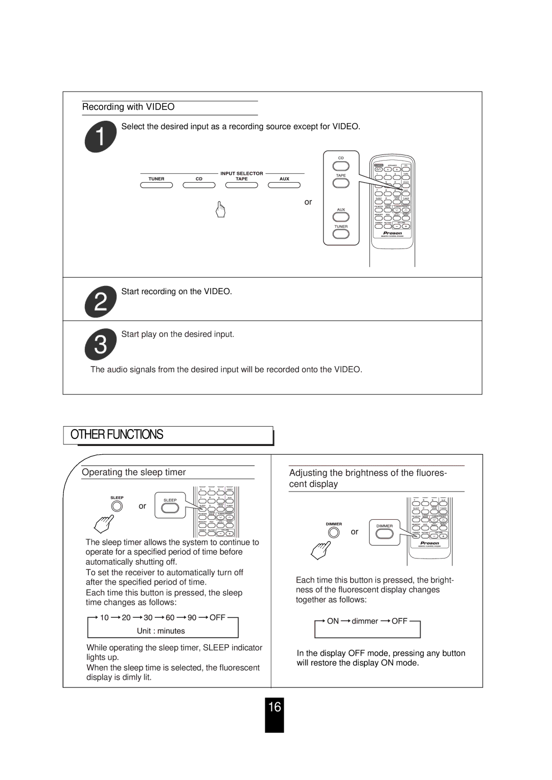Proson RV 2200 manual Operating the sleep timer, Adjusting the brightness of the fluores- cent display 
