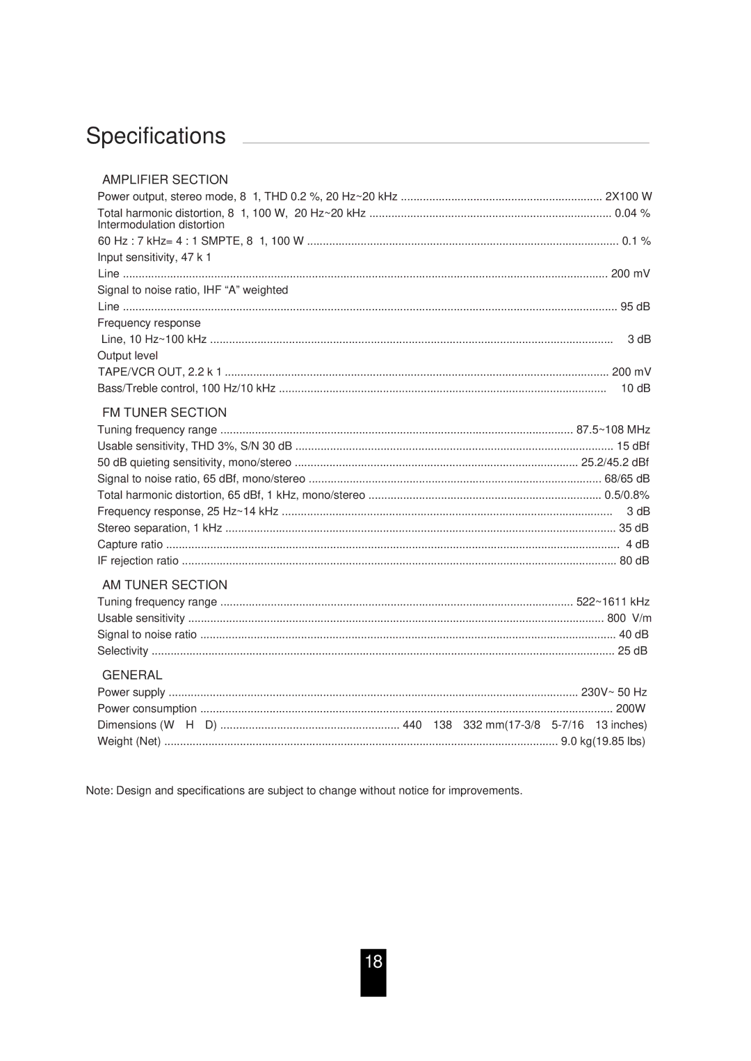 Proson RV 2200 manual Specifications, Amplifier Section 