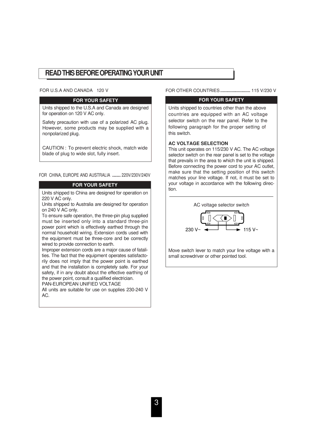 Proson RV 2200 manual Read this Before Operatingyour Unit, AC Voltage Selection 