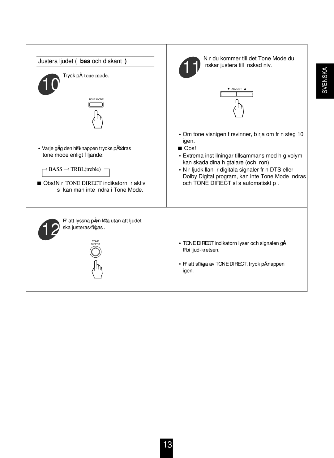 Proson RV-2300DTS manual Justera ljudet bas och diskant 