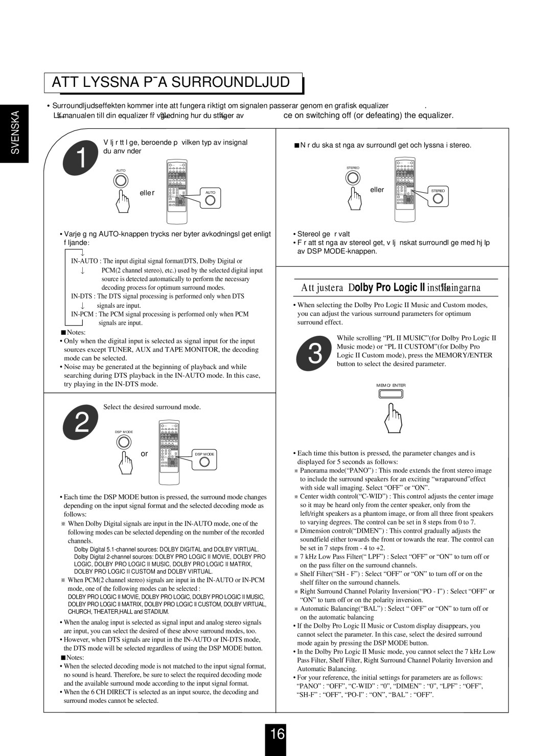 Proson RV-2300DTS manual ATT Lyssna PÅA Surroundljud, Att justera Dolby Pro Logic II inställningarna 