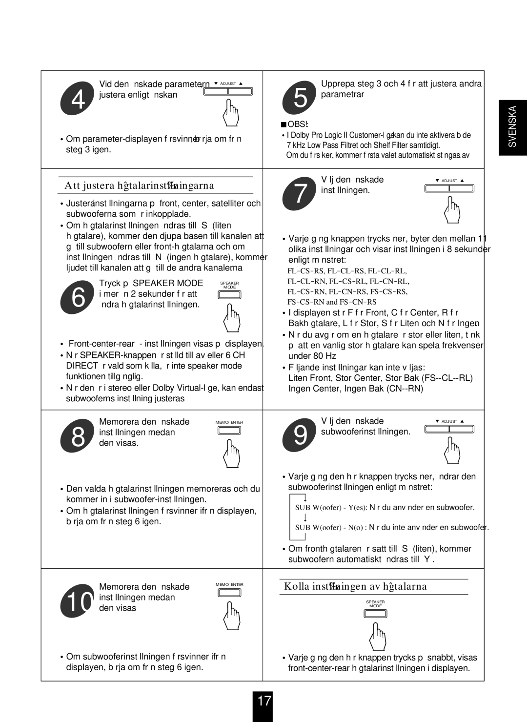 Proson RV-2300DTS manual Att justera högtalarinställningarna, Kolla inställningen av högtalarna 