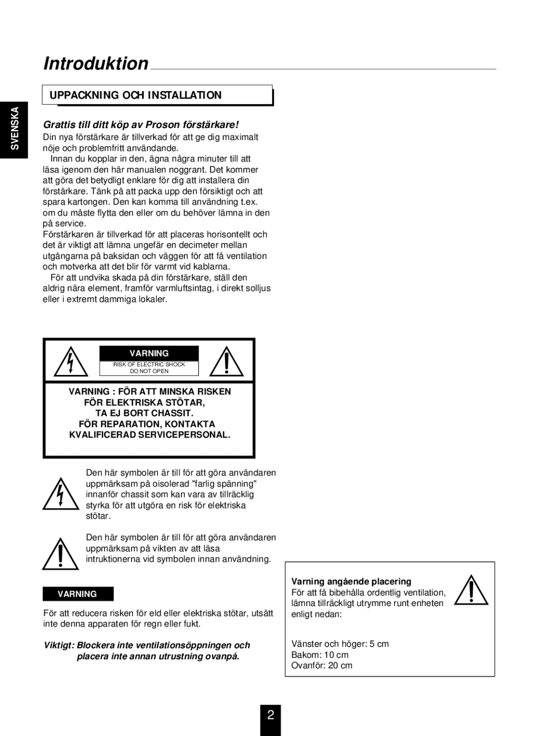 Proson RV-2300DTS manual Introduktion, Uppackning OCH Installation 