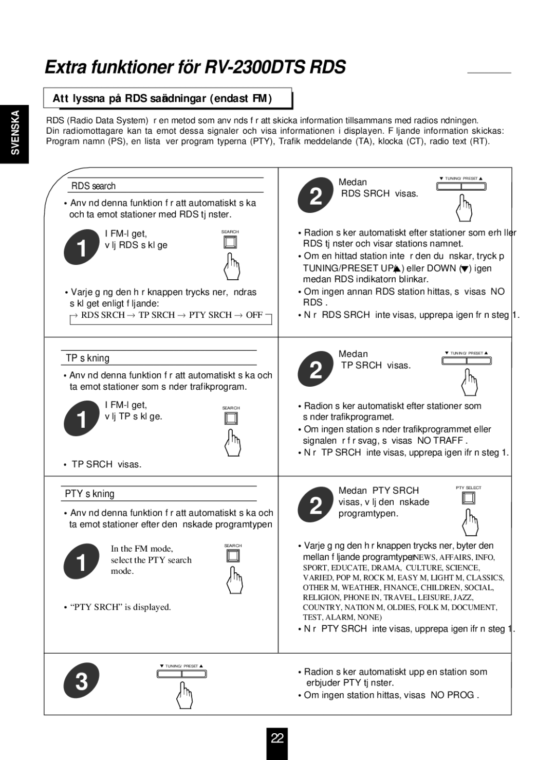 Proson RV-2300DTS manual Extra funktioner för R V-2300DTS RDS, RDS search, TP sökning, PTY sökning 