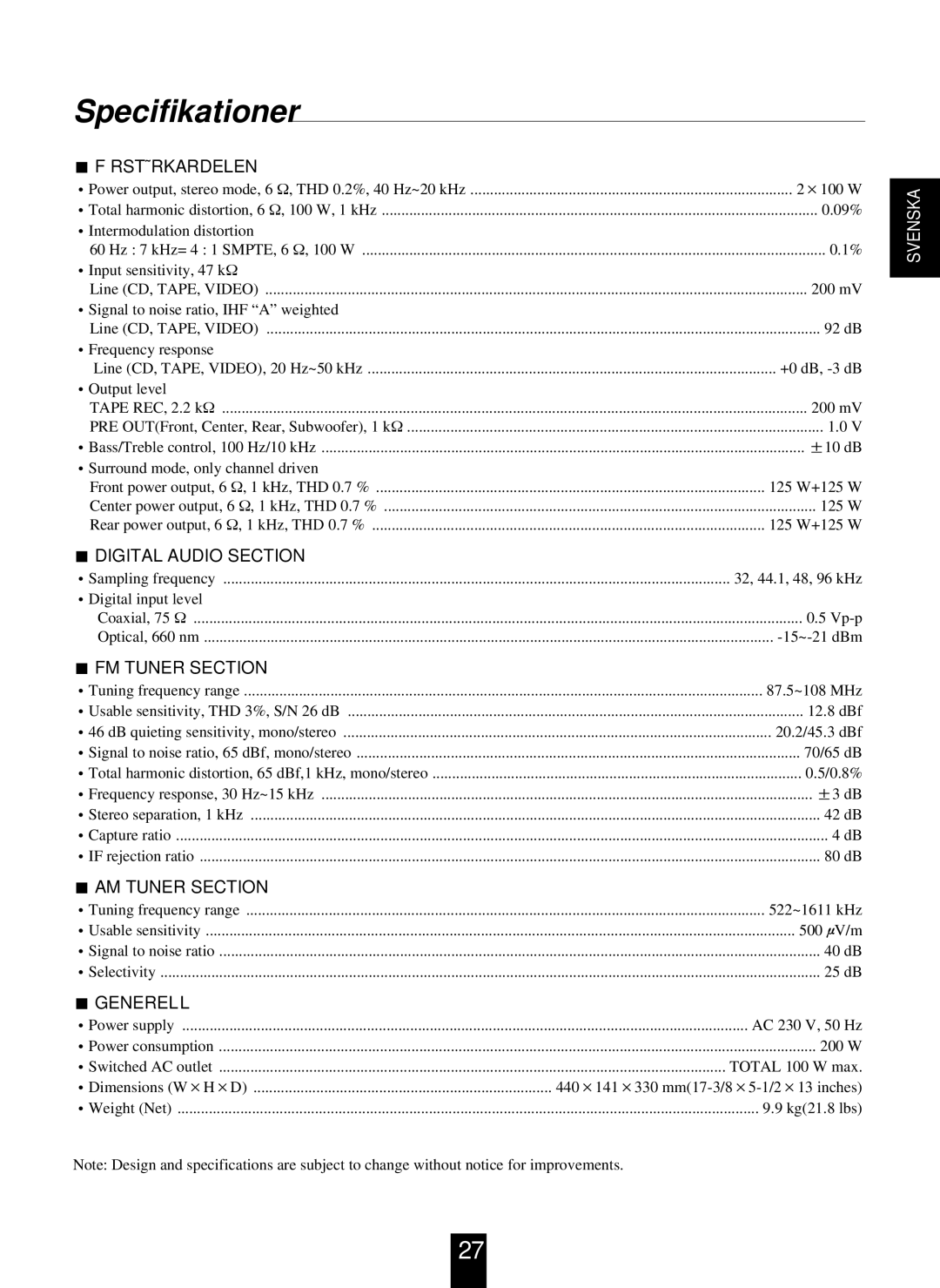 Proson RV-2300DTS manual Specifikationer, Förstärkardelen 