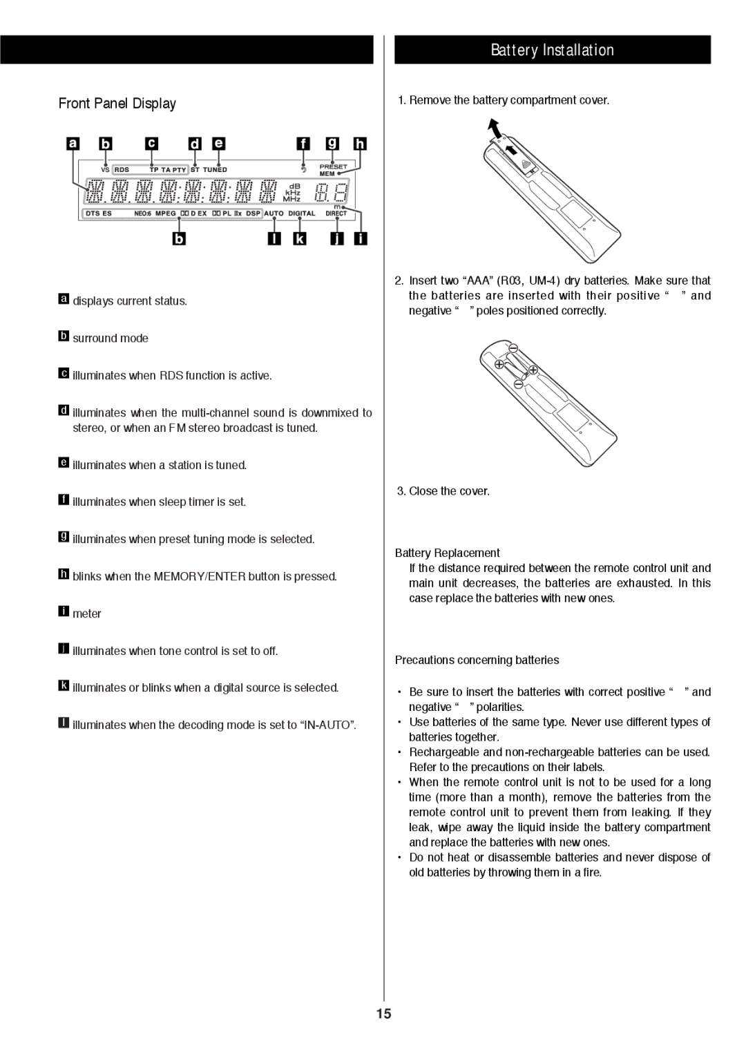 Proson rv2600 dts owner manual Battery Installation, Front Panel Display 