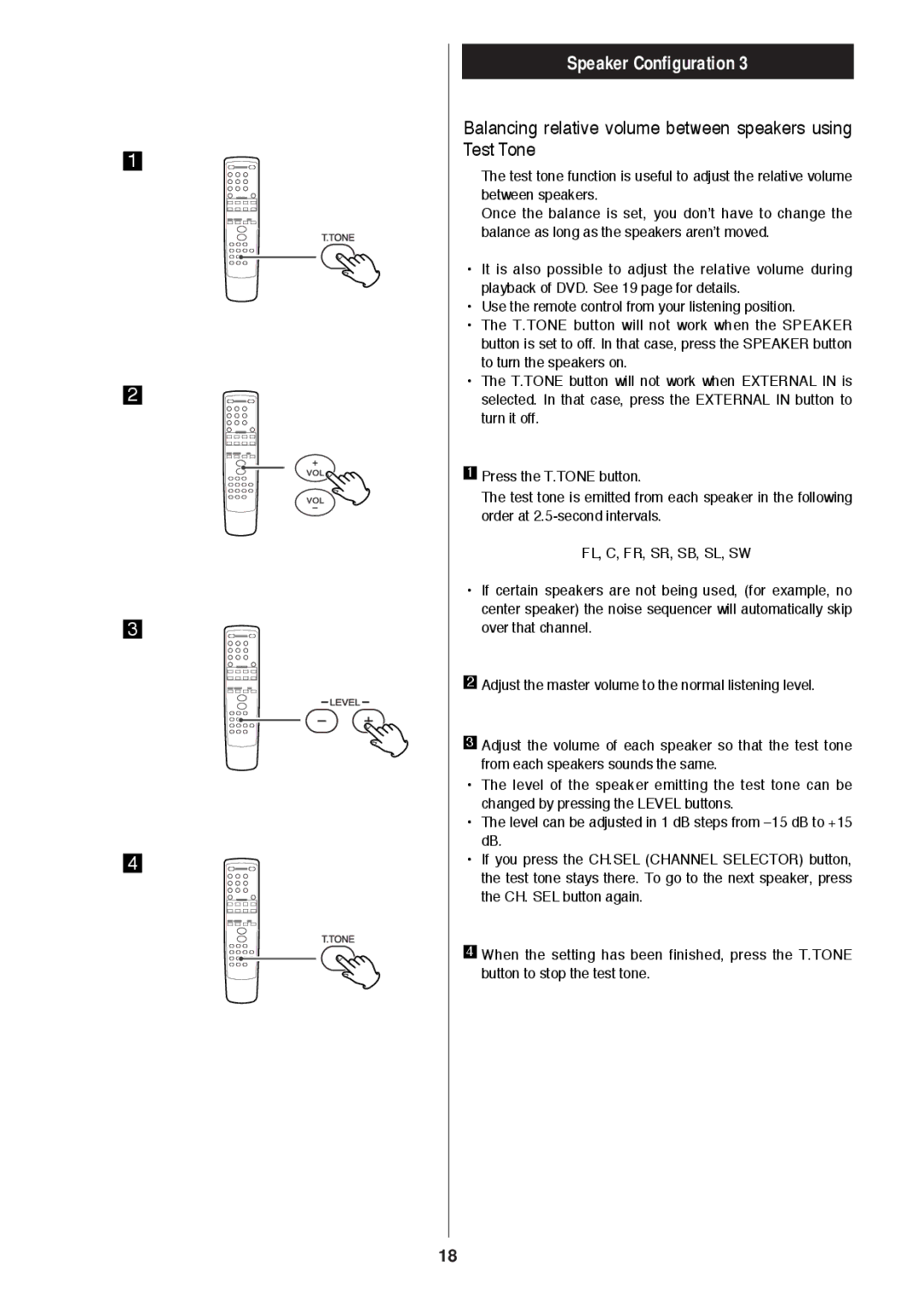 Proson rv2600 dts owner manual Speaker Configuration, Balancing relative volume between speakers using Test Tone 