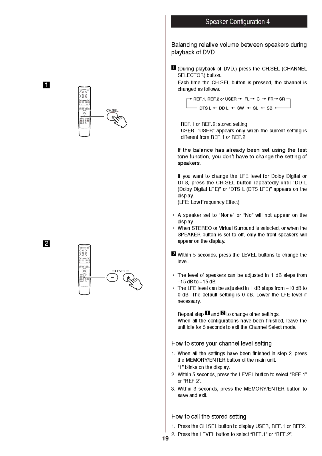 Proson rv2600 dts owner manual How to store your channel level setting, How to call the stored setting 