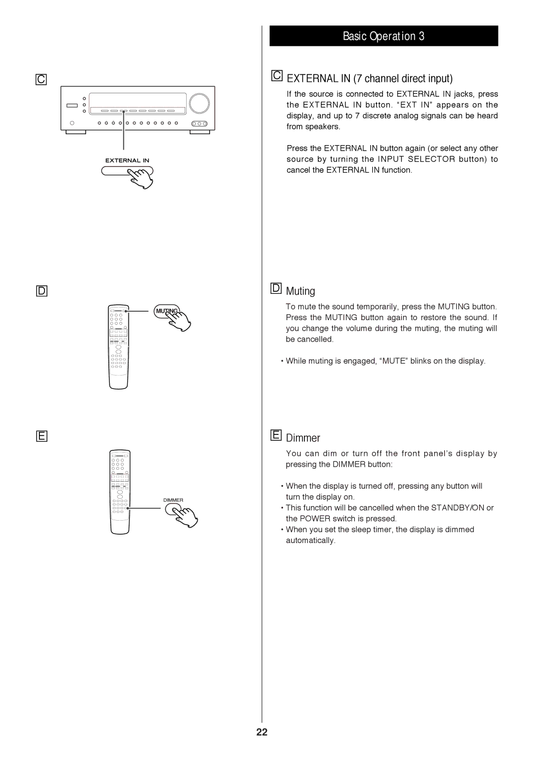 Proson rv2600 dts owner manual External in 7 channel direct input, Muting 