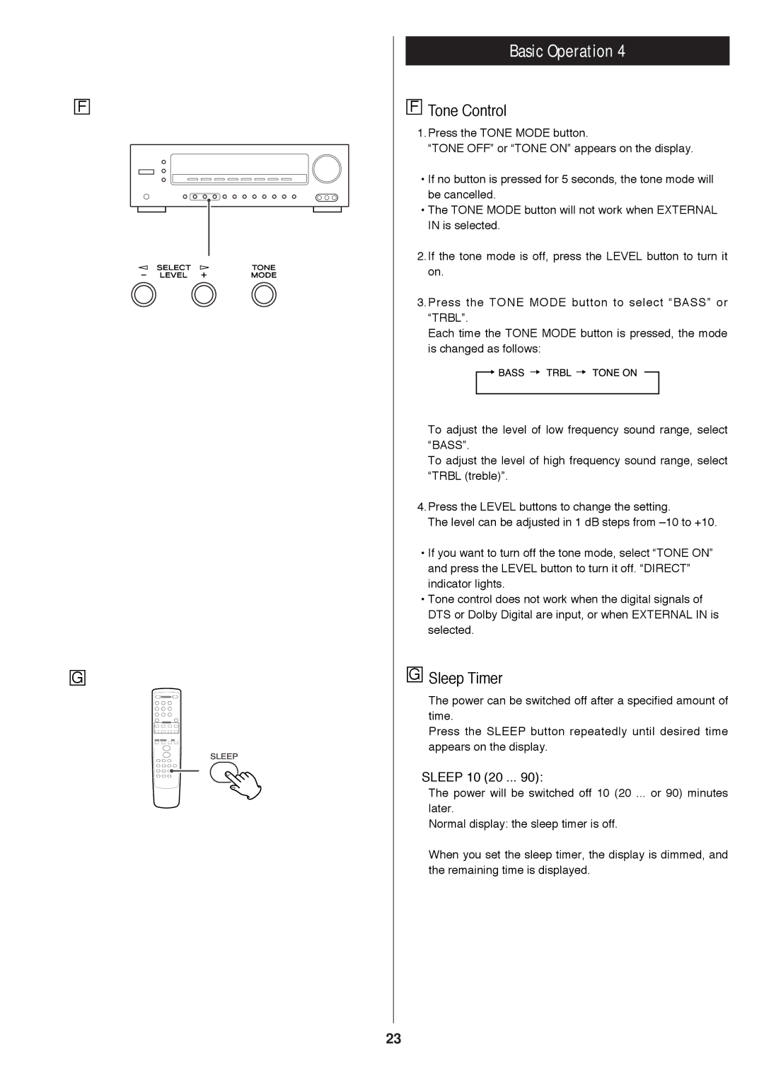 Proson rv2600 dts owner manual Tone Control, Sleep Timer, Sleep 10 20 