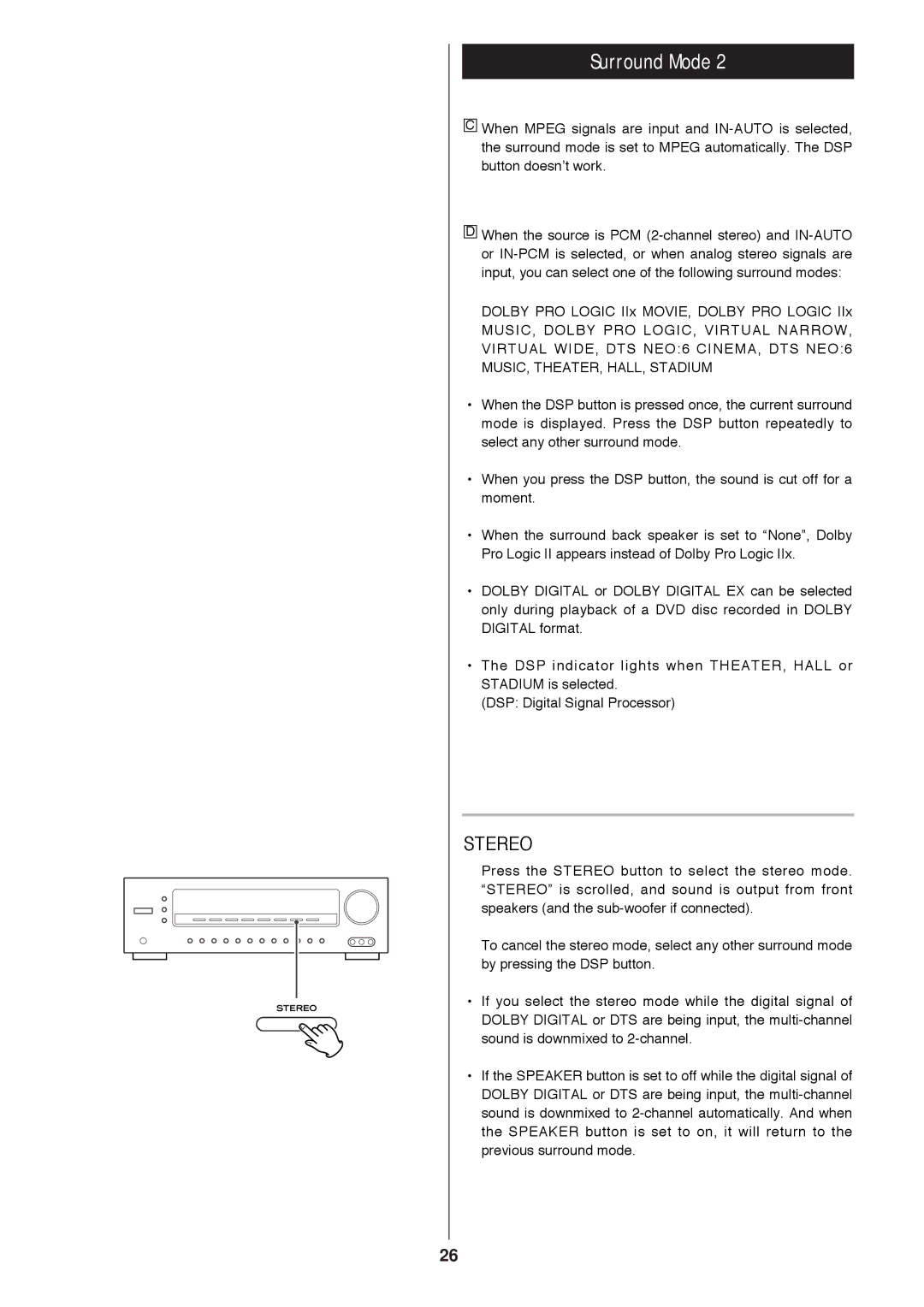 Proson rv2600 dts owner manual Surround Mode, Stereo 