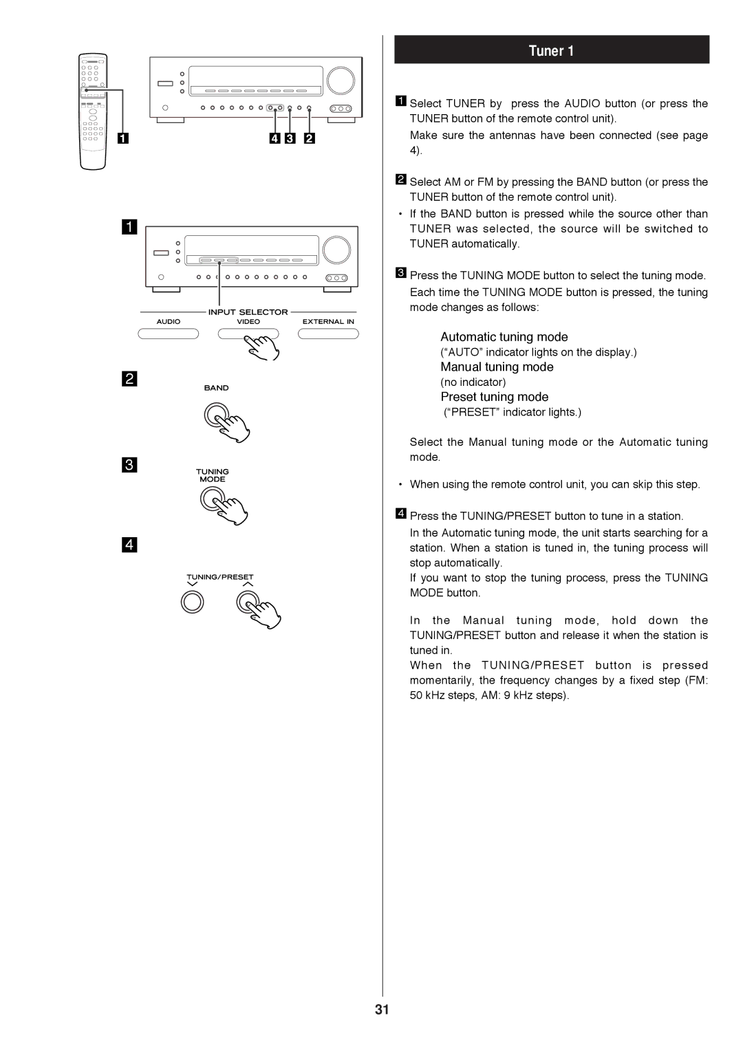 Proson rv2600 dts owner manual Tuner, Automatic tuning mode, Manual tuning mode, Preset tuning mode 