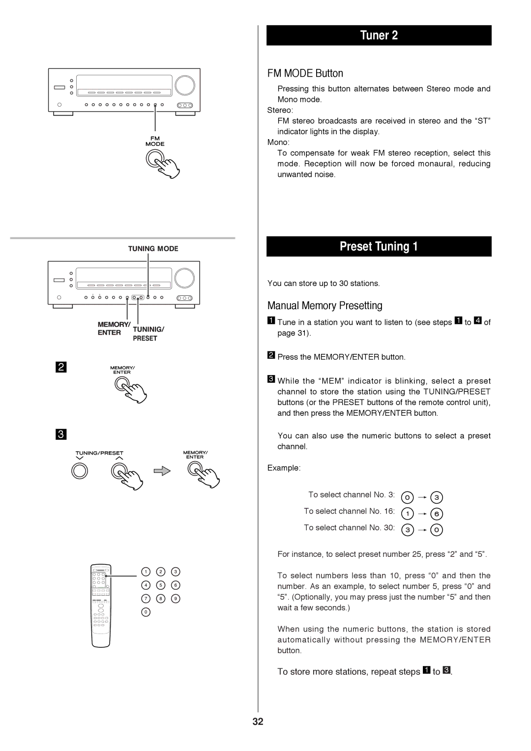 Proson rv2600 dts owner manual Preset Tuning, FM Mode Button, Manual Memory Presetting 