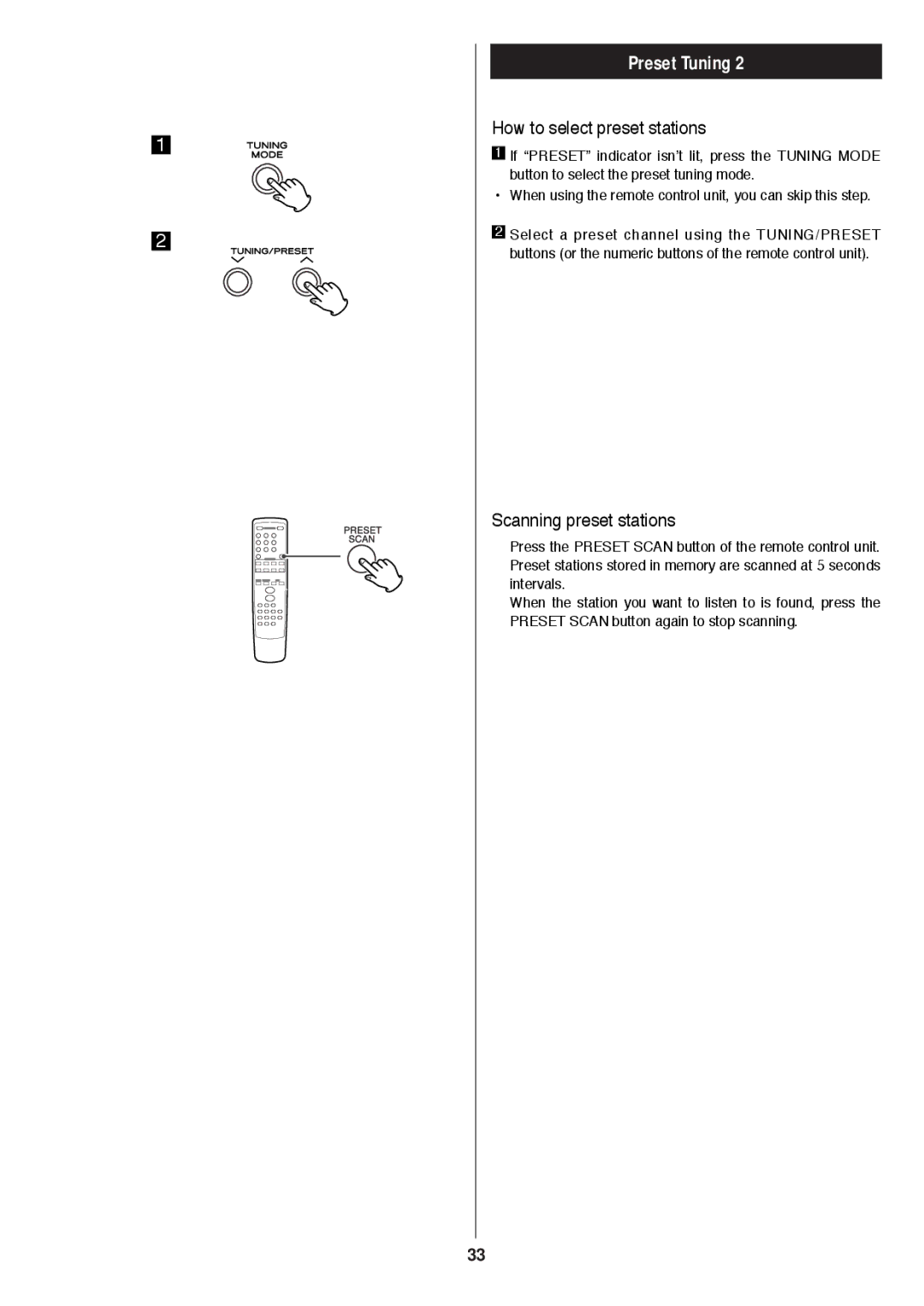 Proson rv2600 dts owner manual How to select preset stations, Scanning preset stations 