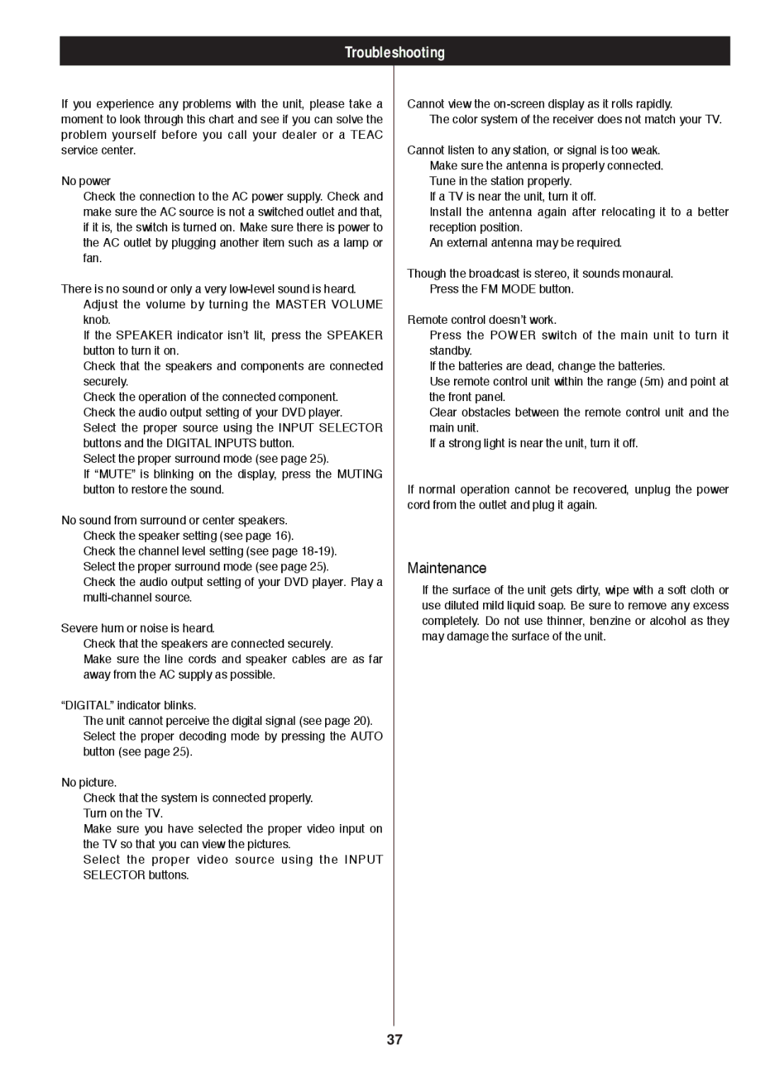 Proson rv2600 dts owner manual Troubleshooting, Maintenance 