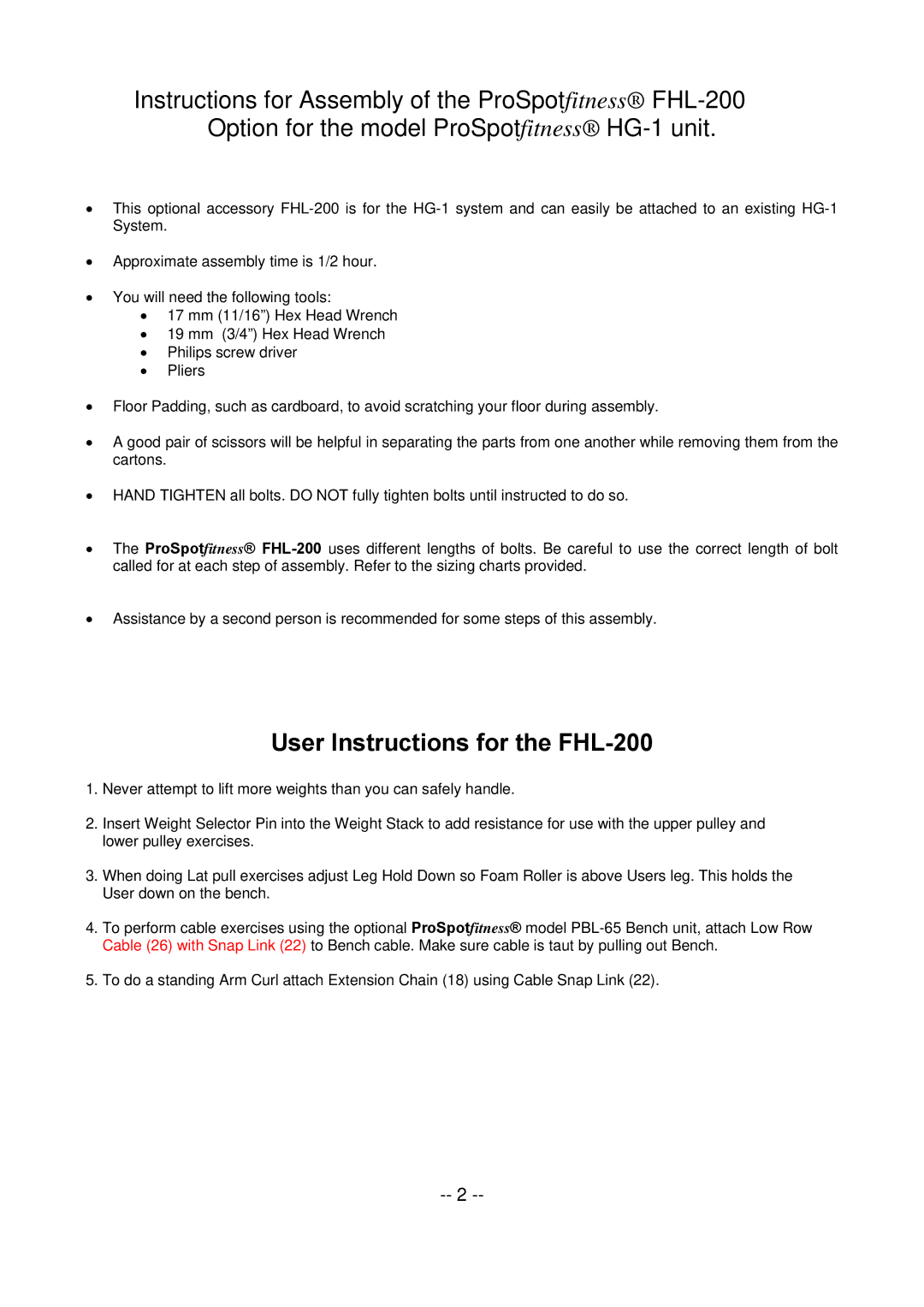 ProSpot Fitness manual User Instructions for the FHL-200 