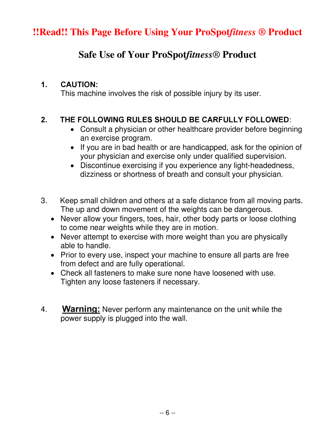 ProSpot Fitness FHL-200 manual Read!! This Page Before Using Your ProSpotfitness Product 