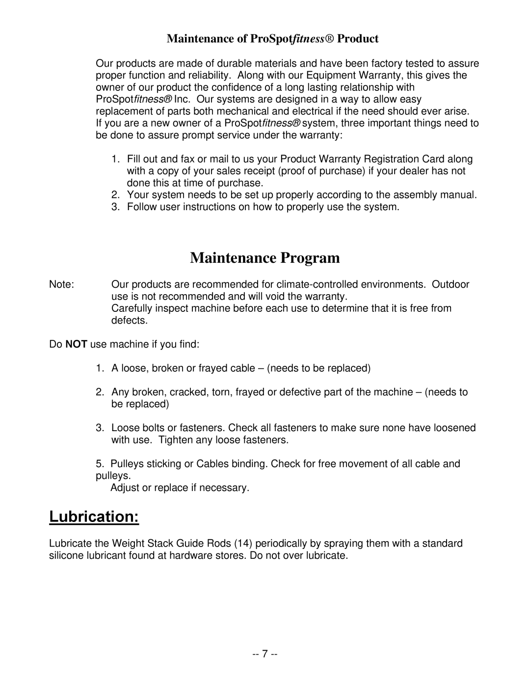 ProSpot Fitness FHL-200 manual Lubrication 