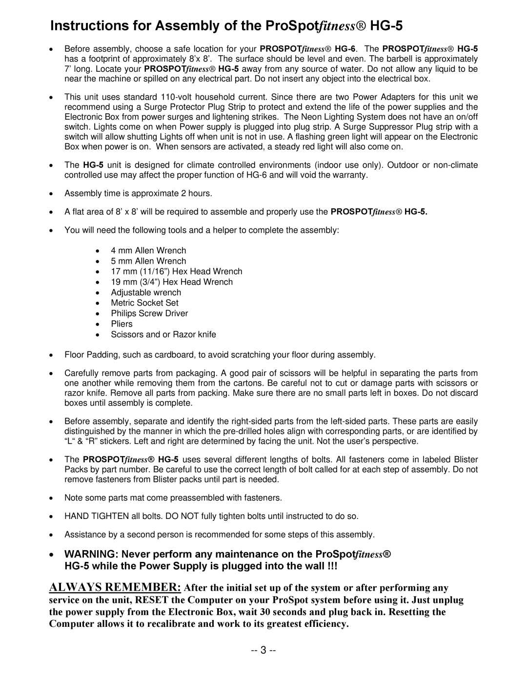 ProSpot Fitness manual Instructions for Assembly of the ProSpotfitness HG-5 