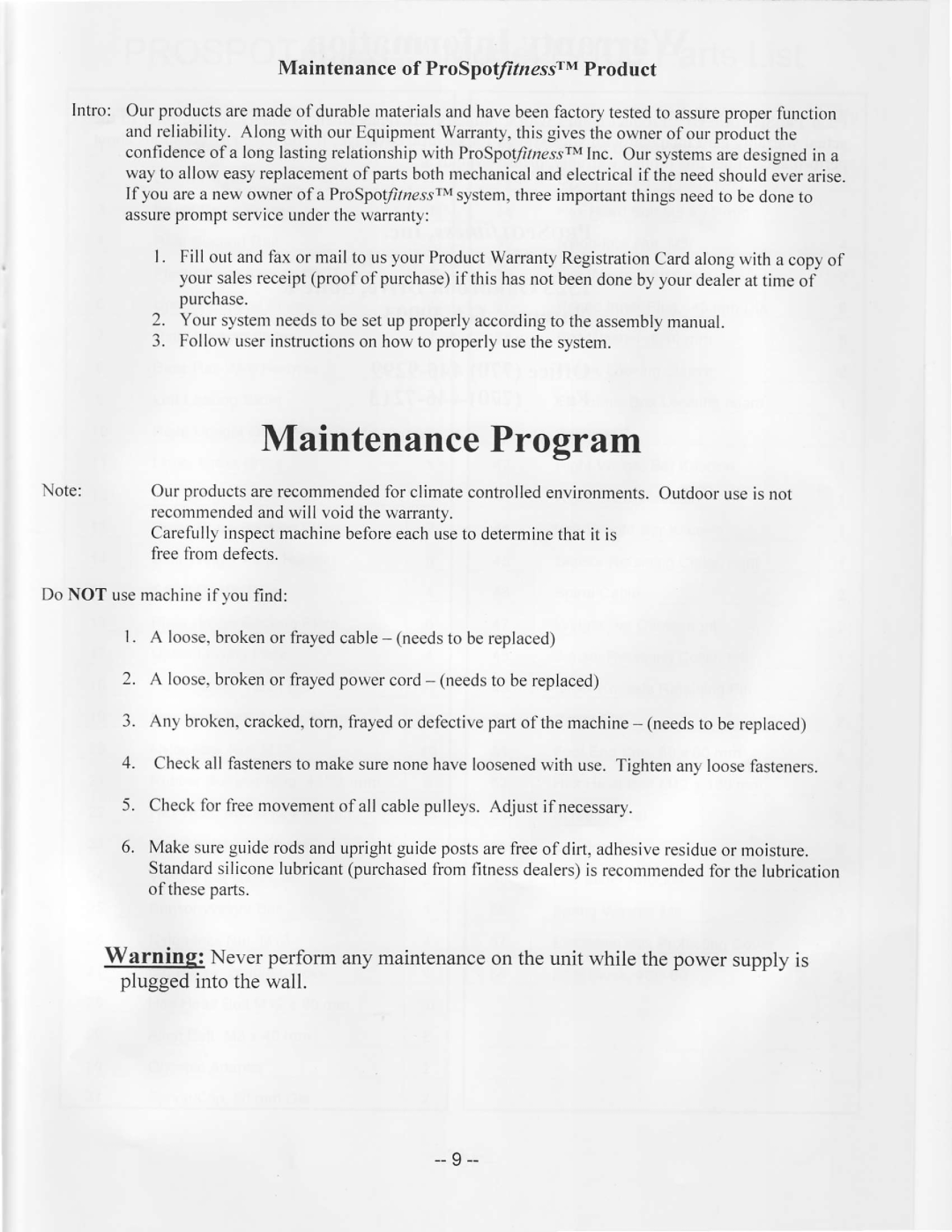 ProSpot Fitness P-100 manual MaintenanceProgram, Maintenanceof ProSpotyfzessrMProduct 