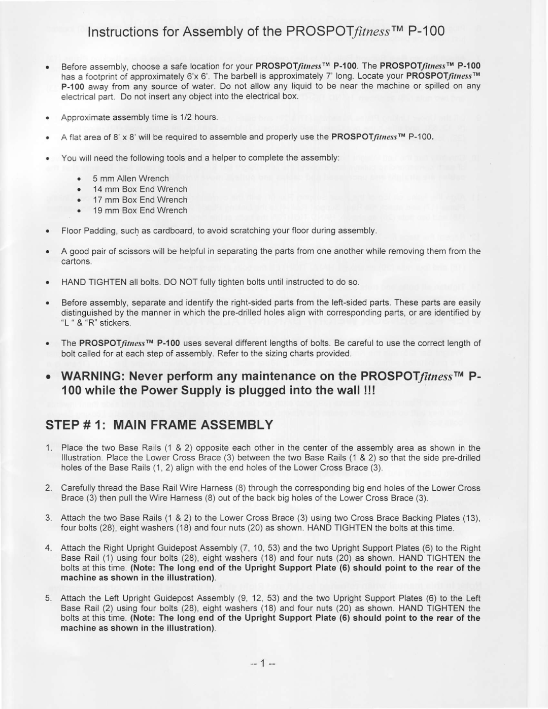 ProSpot Fitness P-100 manual STEP# 1 Mainframeassembly 