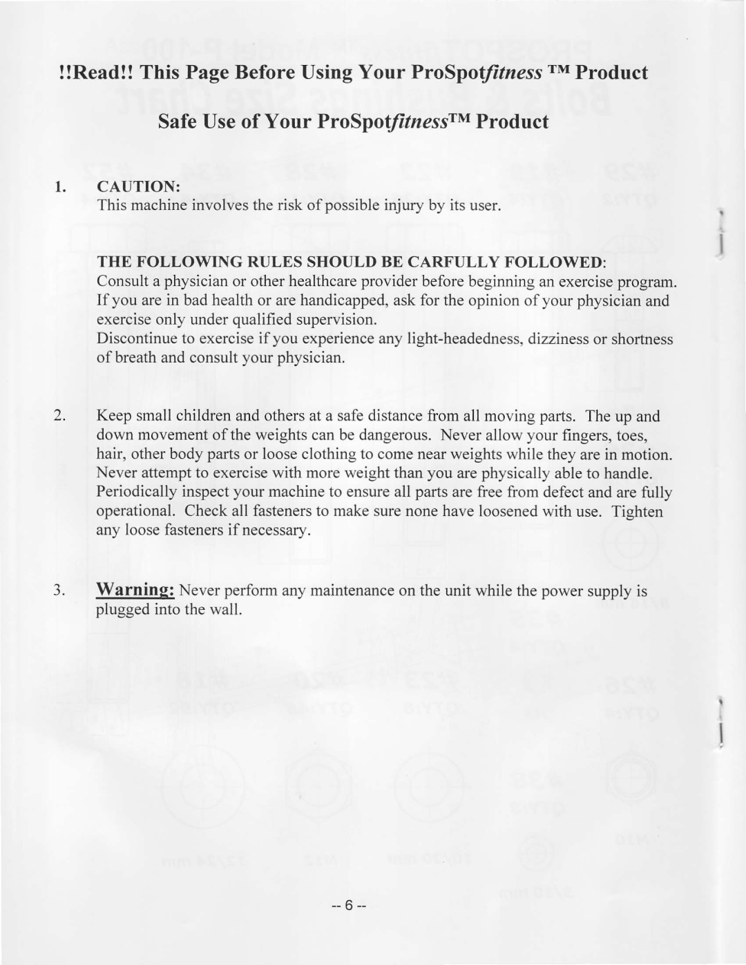 ProSpot Fitness P-100 manual Following Rules should be Carfully Followed 