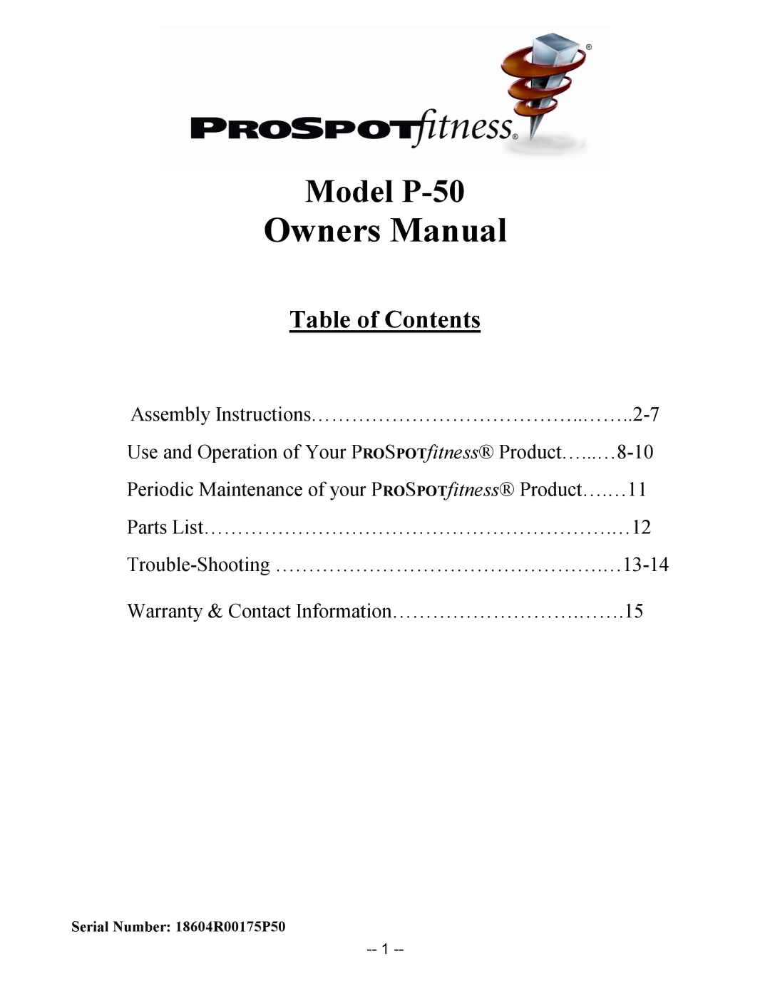 ProSpot Fitness manual Model P-50 