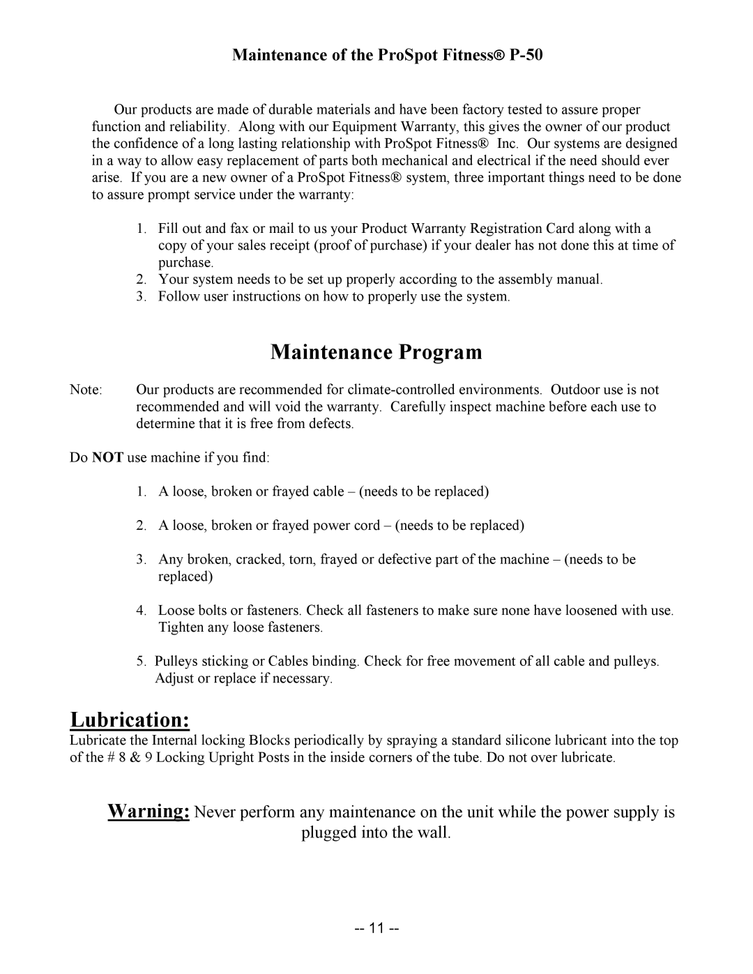 ProSpot Fitness P-50 manual Maintenance Program 