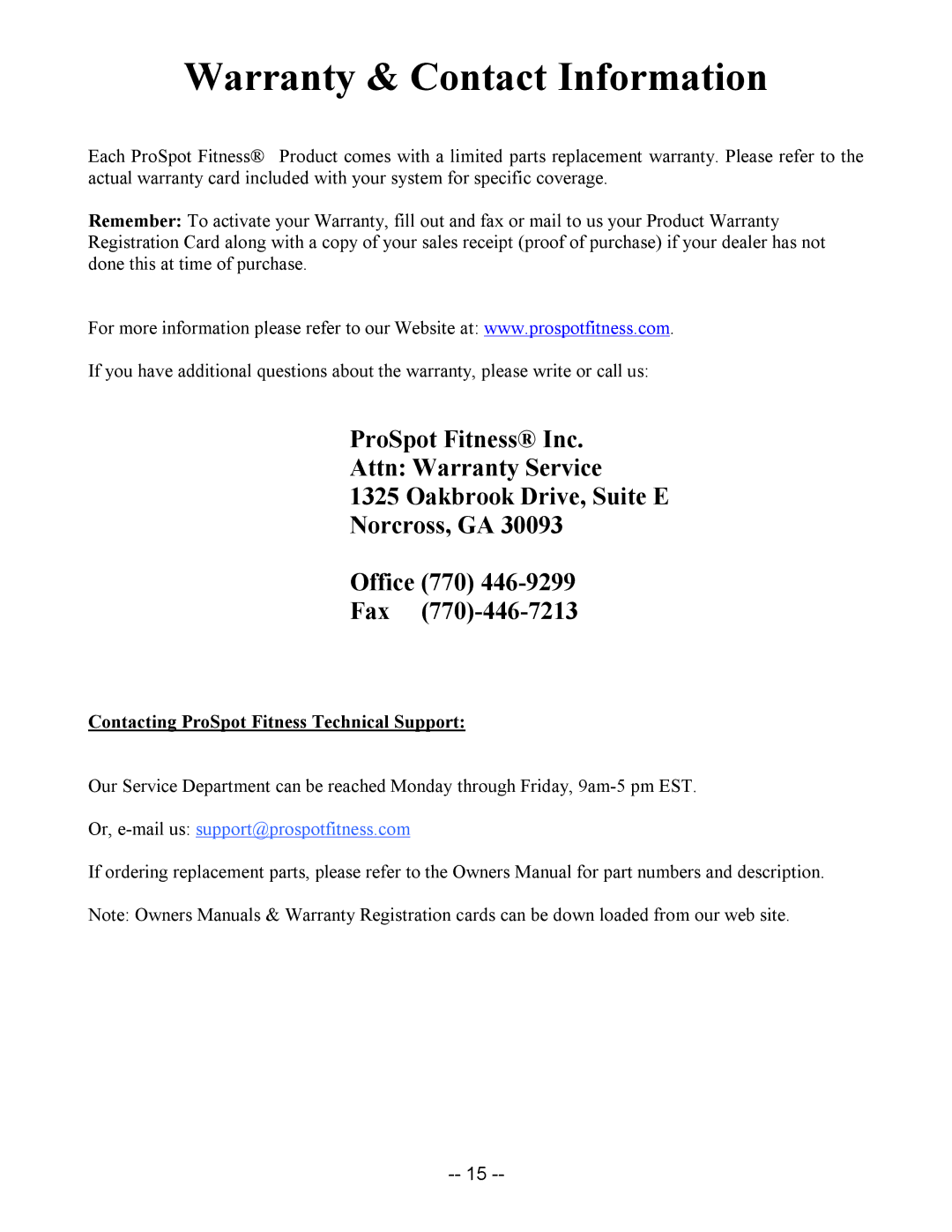 ProSpot Fitness P-50 manual Warranty & Contact Information 