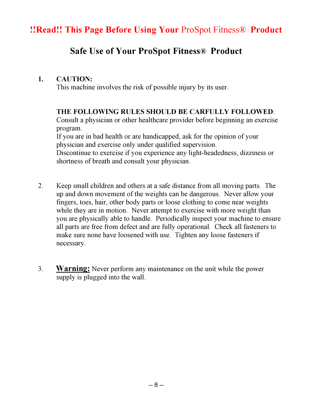 ProSpot Fitness P-50 manual Read!! This Page Before Using Your ProSpot Fitness Product 