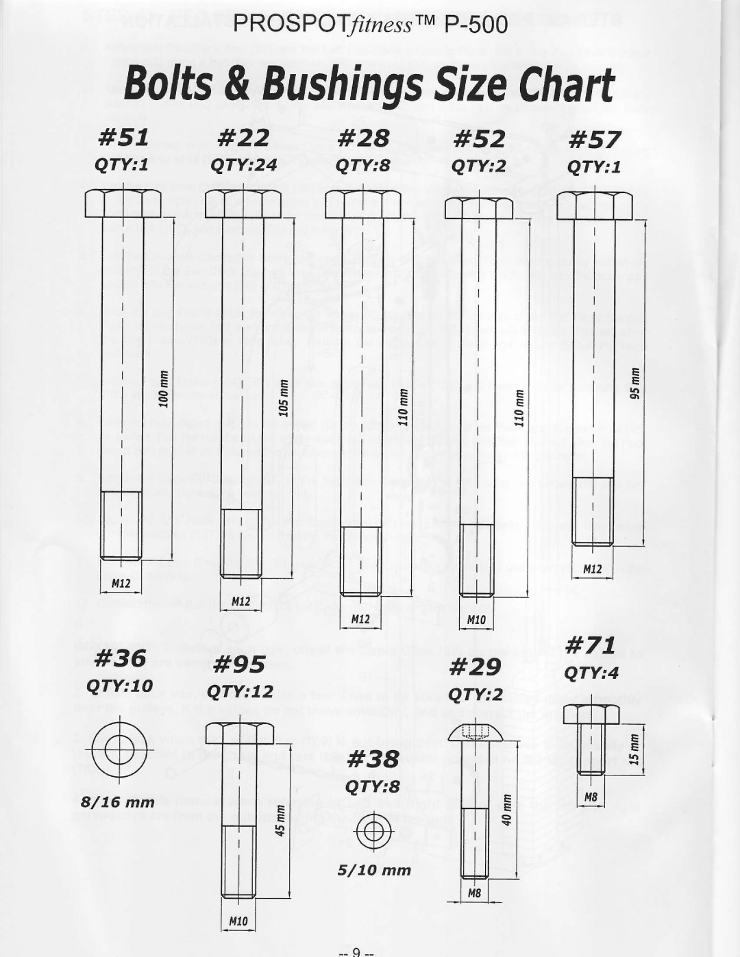 ProSpot Fitness P-500 manual Bolts&BushingsSizeChart 