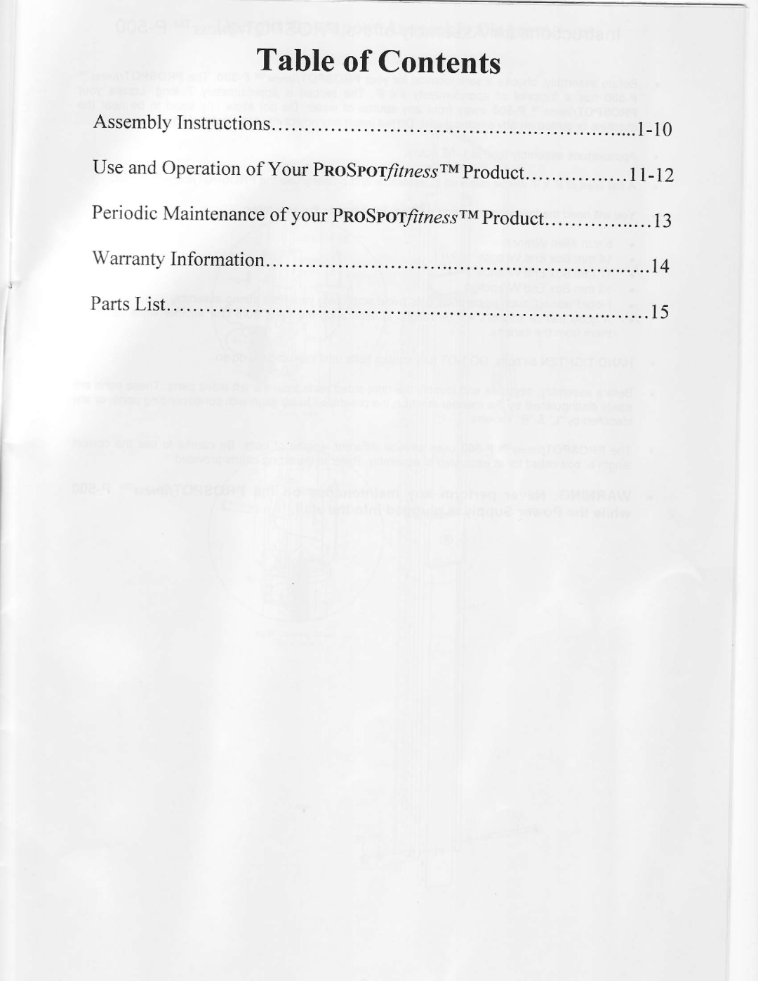 ProSpot Fitness P-500 manual Tableof Contents 