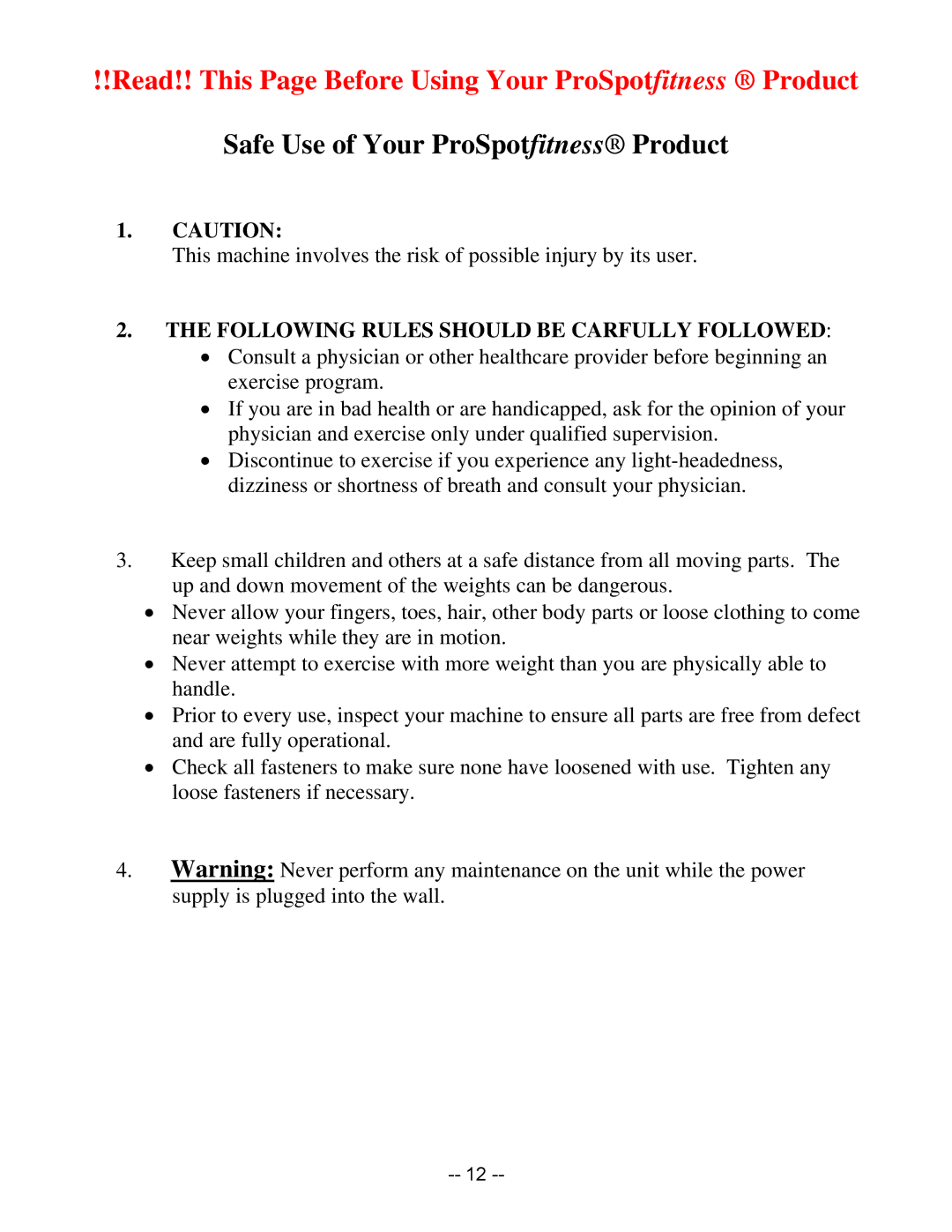 ProSpot Fitness P-600 manual Read!! This Page Before Using Your ProSpotfitness Product 