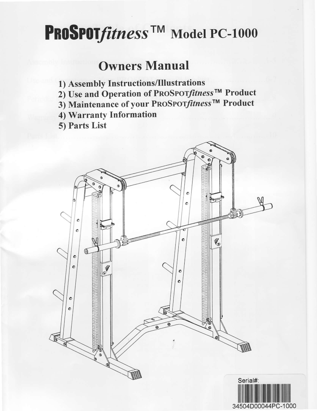 ProSpot Fitness PC-1000 manual RMModetPc-tooo Pno$PoWness, OwnersManual 