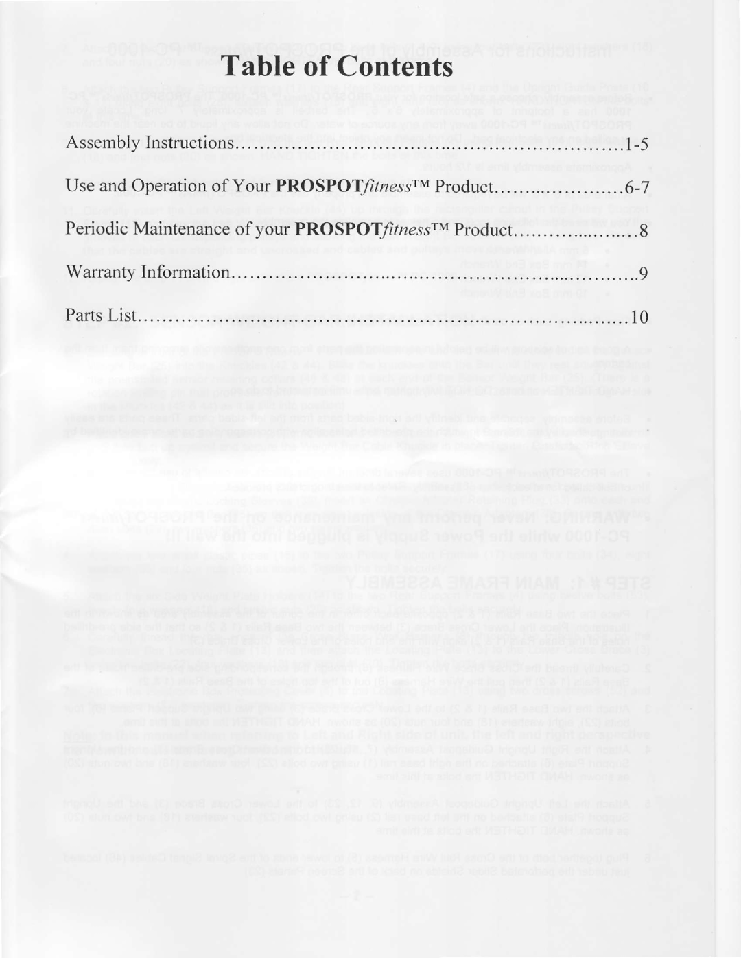 ProSpot Fitness PC-1000 manual Table of Contents 