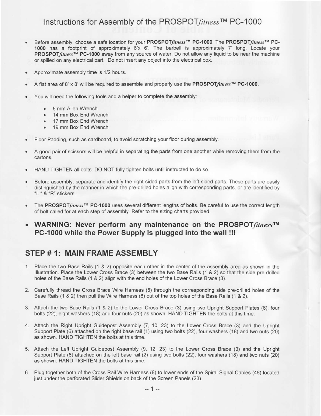 ProSpot Fitness PC-1000 manual STEP# 1 Mainframeassembly 