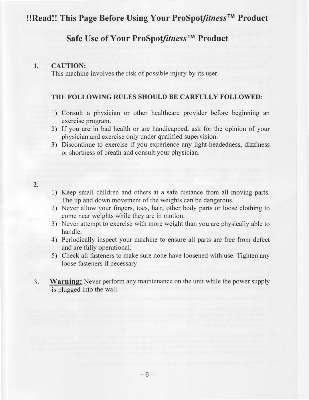 ProSpot Fitness PC-1000 manual Following Rules should be Carfully Followed 