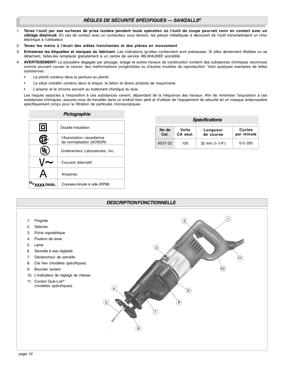 Proview 6537-22 manual Règles DE Sécurité Spécifiques Sawzalls, Descriptionfonctionnelle, No de Volts Longueur Cycles 