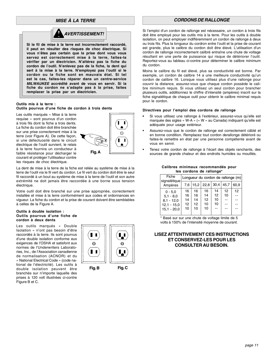 Proview 6537-22 manual Mise À LA Terre Avertissement, Cordons DE Rallonge, Directives pour l’emploi des cordons de rallonge 