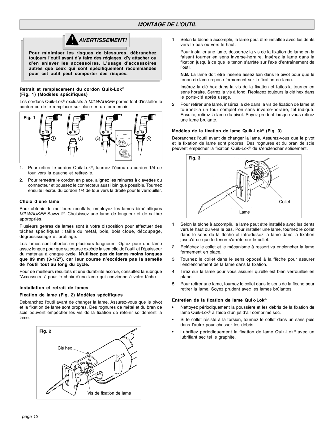 Proview 6537-22 manual Montage DE Loutil Avertissement, Choix d’une lame, Modèles de la fixation de lame Quik-LokFig 