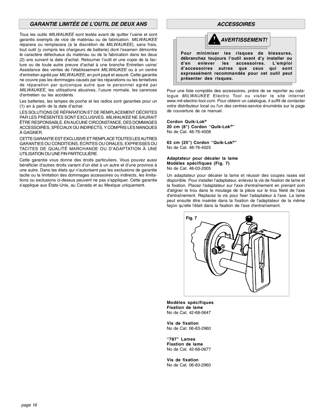 Proview 6537-22 Garantie Limitée DE L’OUTIL DE Deux ANS, Accessoires Avertissement, Modèles spécifiques Fixation de lame 