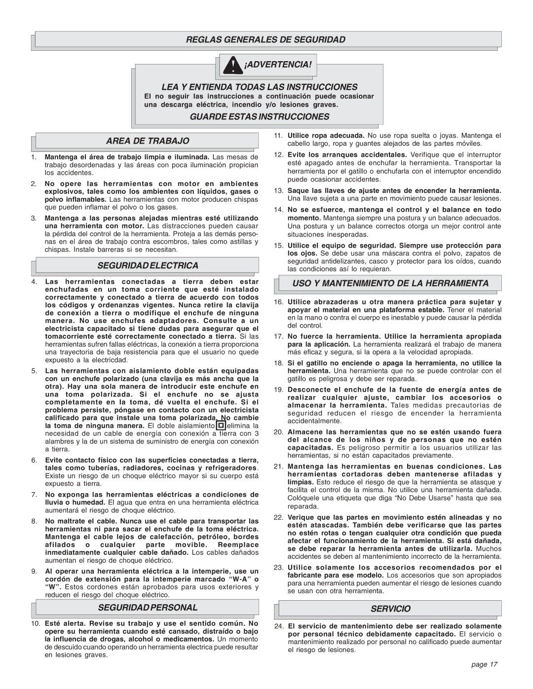 Proview 6537-22 Guarde Estas Instrucciones Area DE Trabajo, Seguridad Electrica, USO Y Mantenimiento DE LA Herramienta 