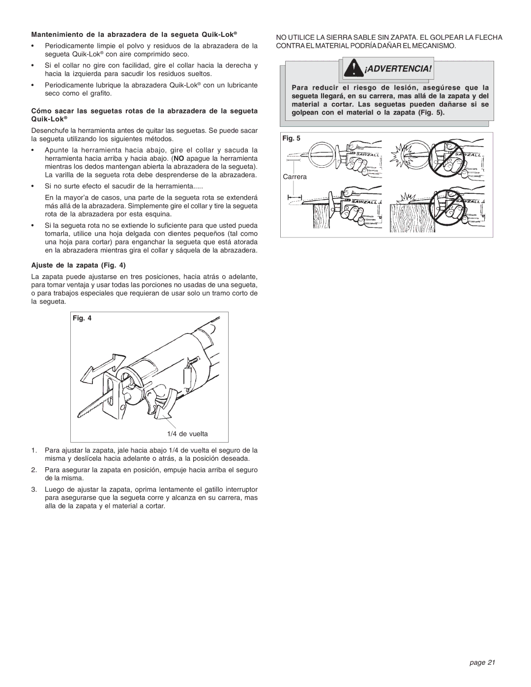 Proview 6537-22 manual Mantenimiento de la abrazadera de la segueta Quik-Lok, Ajuste de la zapata Fig 