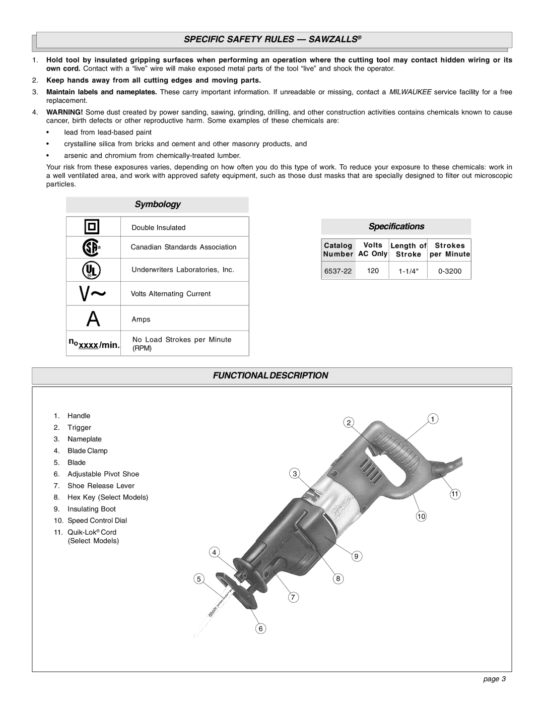 Proview 6537-22 manual Specific Safety Rules Sawzalls, Functionaldescription 