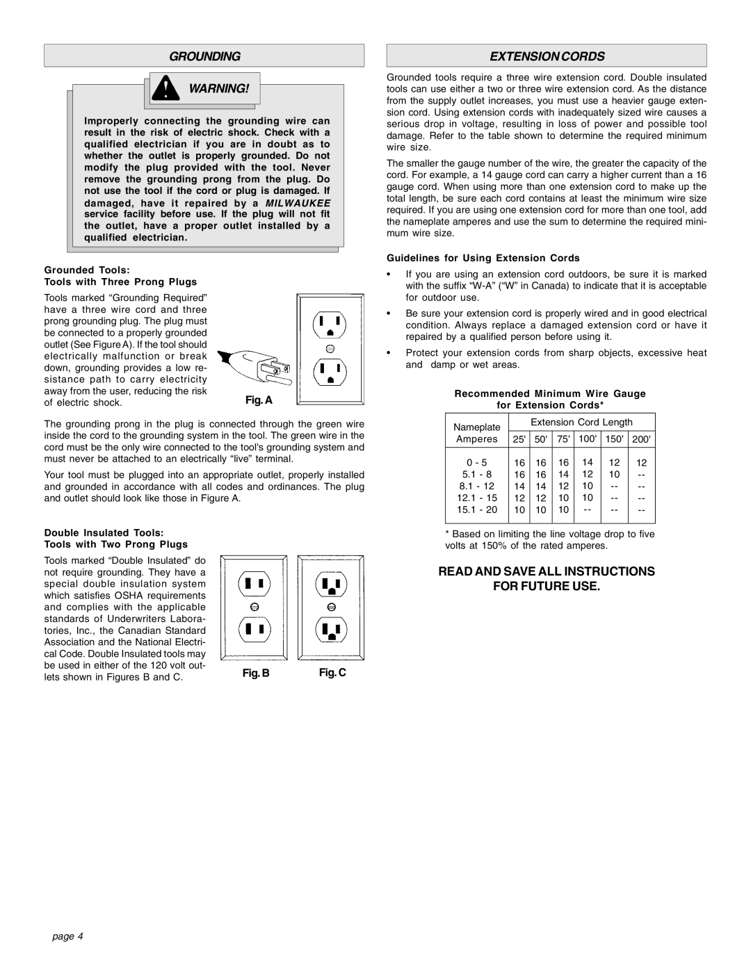 Proview 6537-22 manual Grounding, Extension Cords, Double Insulated Tools Tools with Two Prong Plugs 