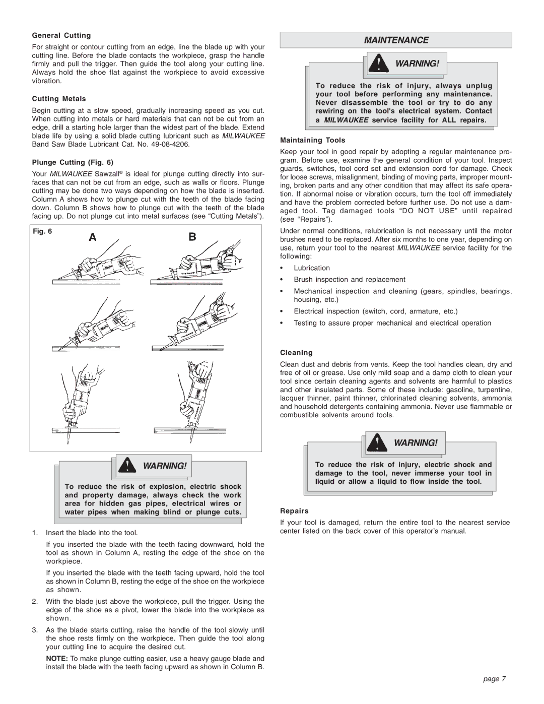 Proview 6537-22 manual Maintenance, General Cutting, Cutting Metals, Plunge Cutting Fig, Cleaning 