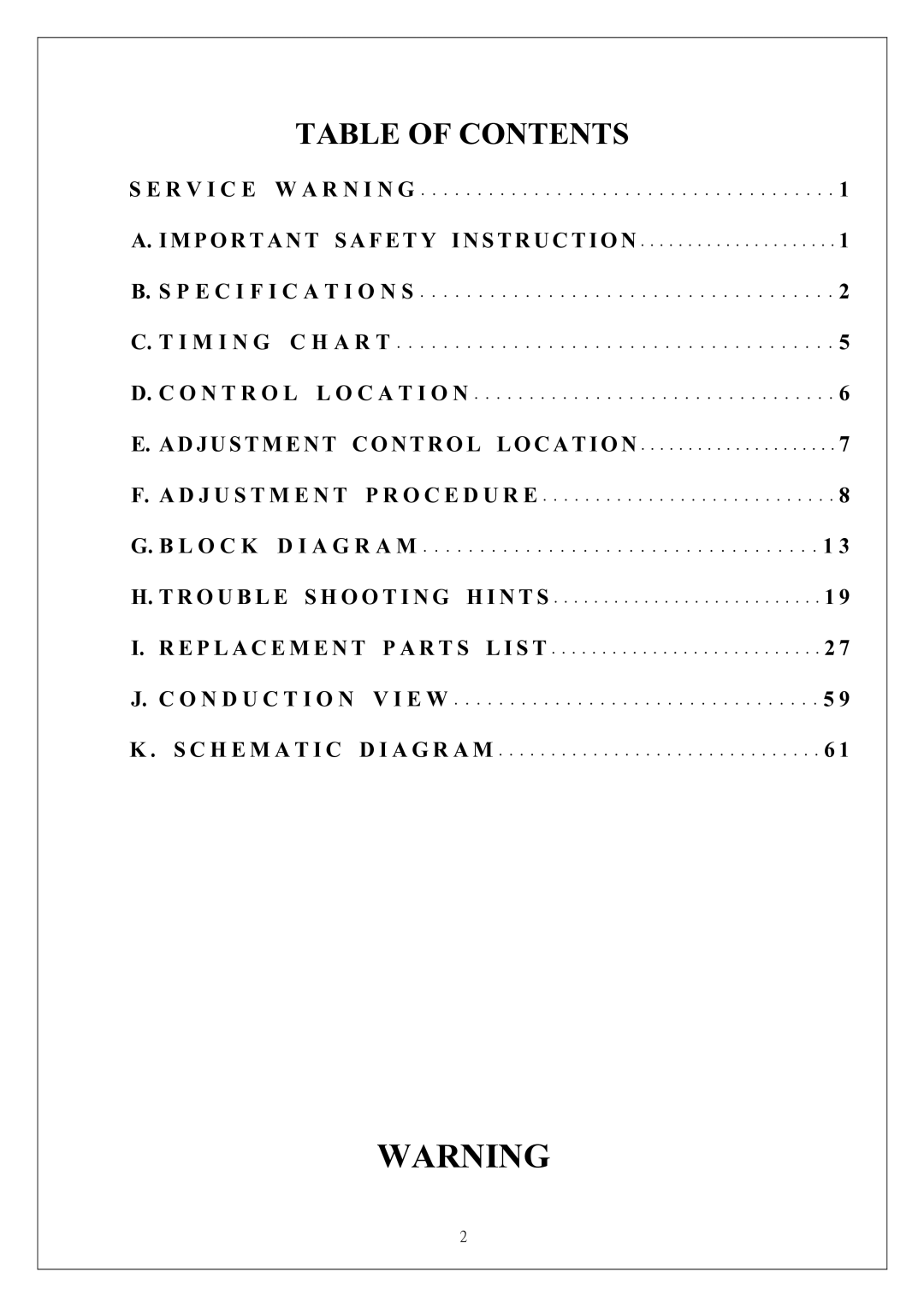 Proview 786PF service manual Table of Contents 