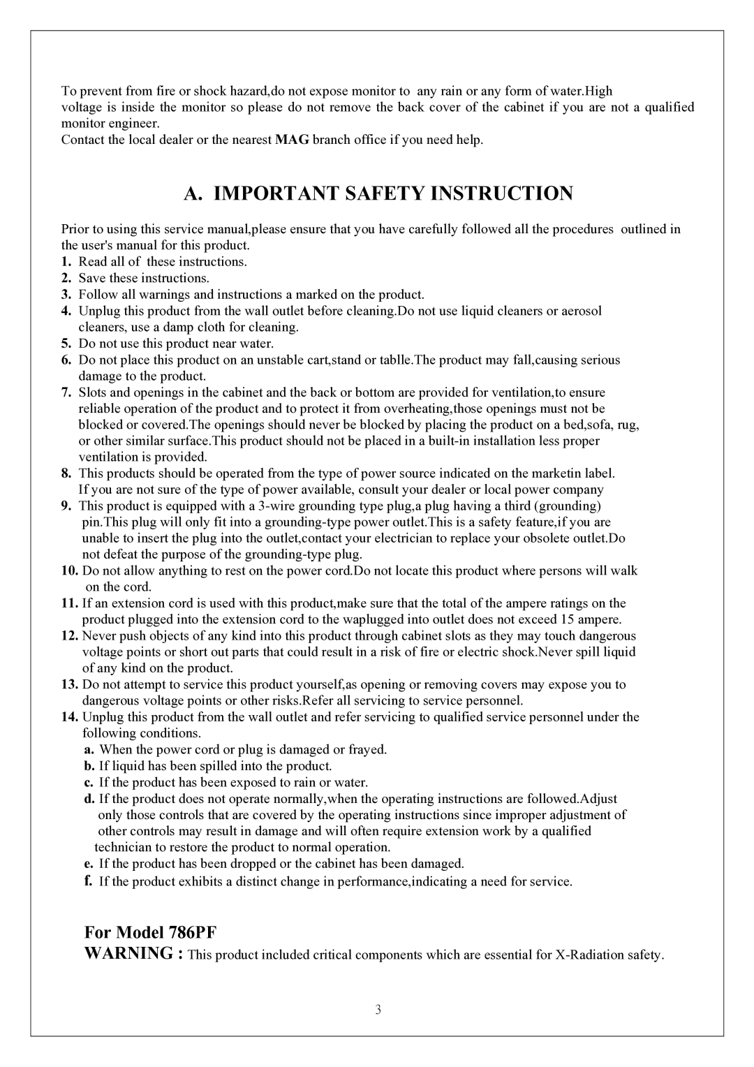 Proview 786PF service manual Important Safety Instruction 