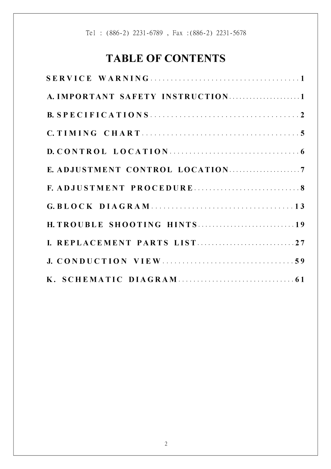 Proview P6NS Series service manual Table of Contents 