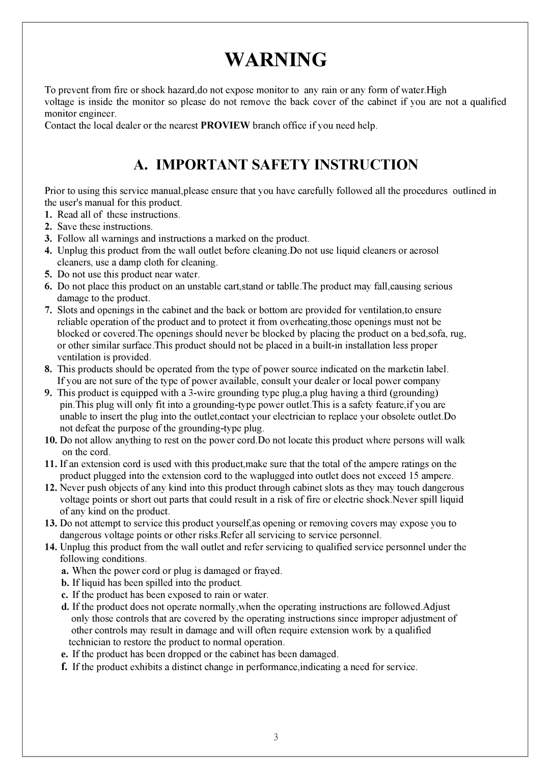 Proview P6NS Series service manual Important Safety Instruction 